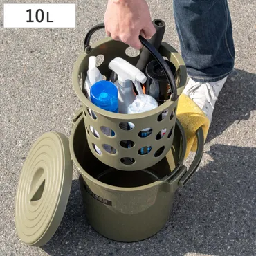 バケツ 10L スプラッシュ10 インナーバスケット フタ付き ( ばけつ ふた付き 多用途 洗車 掃除 収納 スツール インナーバスケット付き アウトドア ホースホルダー付き 滑り止め付き 水切り カー用品 清掃用品 ): リビングート ANA Mall店